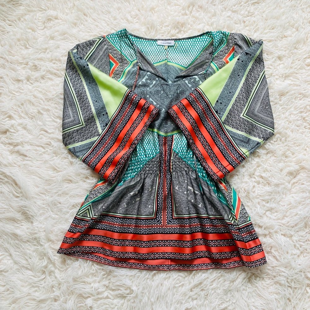 Calvin‎ Klein Blouse Top Kimono Sleeve Satin Multicolor Tie V-Neck Womens Large
